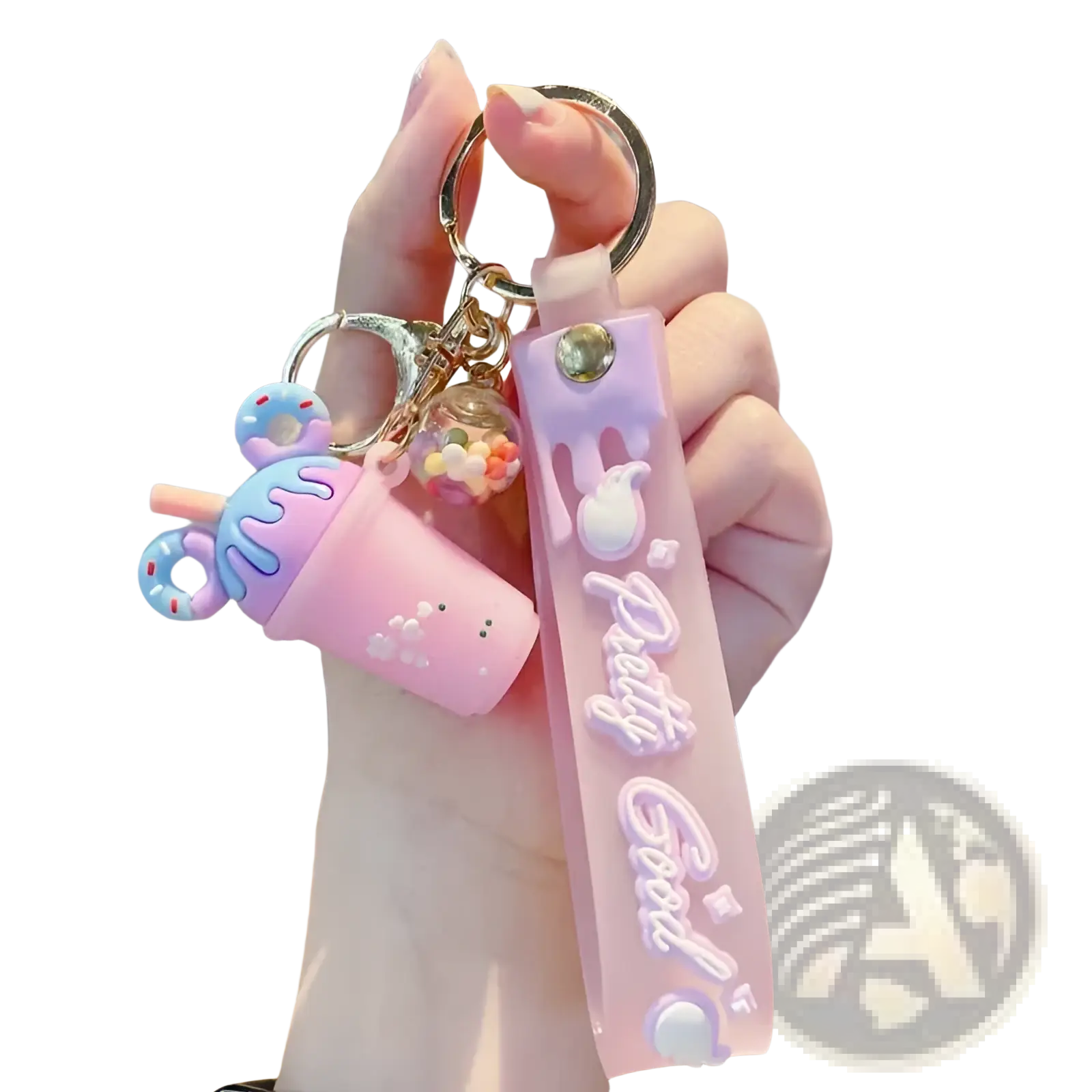 Pink silicone ice cream keychain with cute drink charm and pretty good text on pvc personalized hanger strap