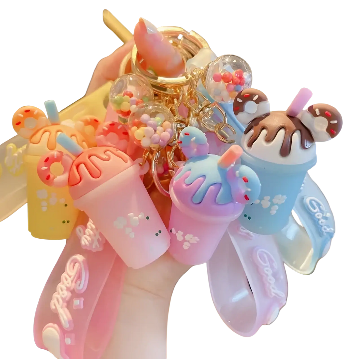 A collection of pastel-colored silicone ice cream keychains with chocolate drizzle and sprinkles for personalized pvc hanger