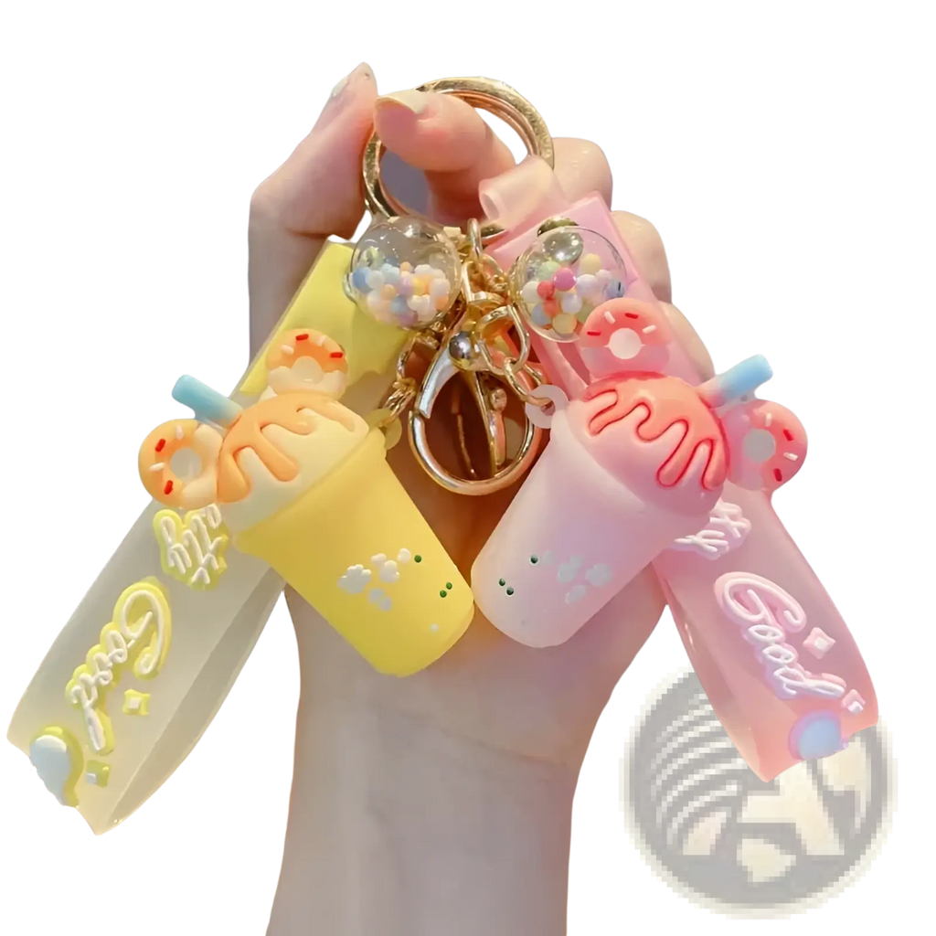 Pastel yellow and pink silicone ice cream keychain pvc hangers with donut toppings and good lettering ribbons