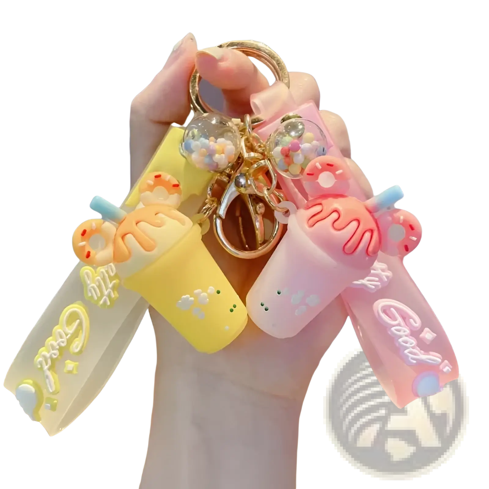 Pastel yellow and pink silicone ice cream keychain pvc hangers with donut toppings and good lettering ribbons