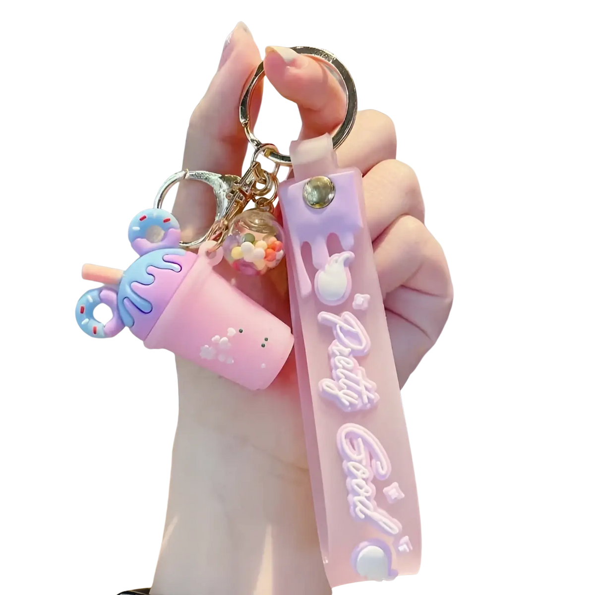 Pink silicone ice cream keychain with cute drink charm and pretty good text on pvc personalized hanger strap