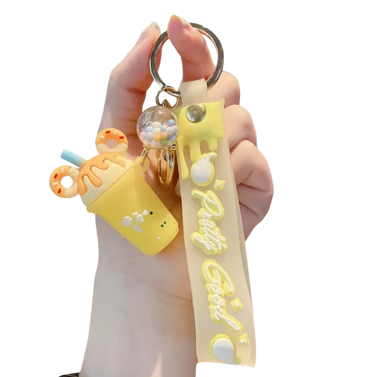 Yellow silicone ice cream keychain with a cute drink-shaped charm and pretty good strap personalized pvc hanger