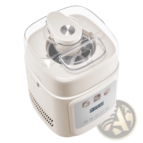 Cream-colored ice cream maker with compressor 1 quart capacity, clear lid, and digital control panel in white