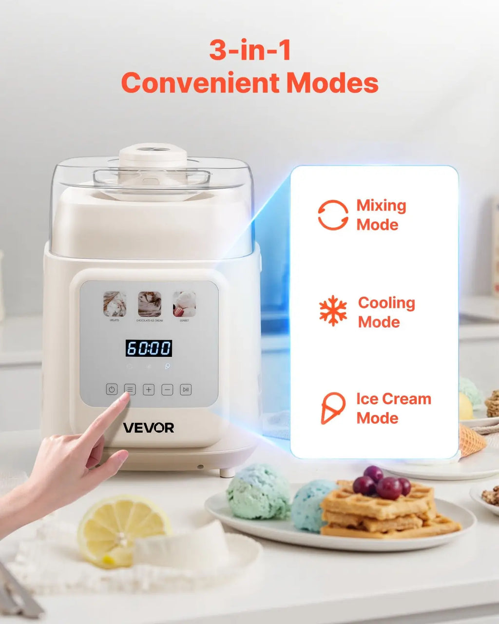 White vevor 3-in-1 ice cream maker with compressor digital display mixing cooling and ice cream modes in white
