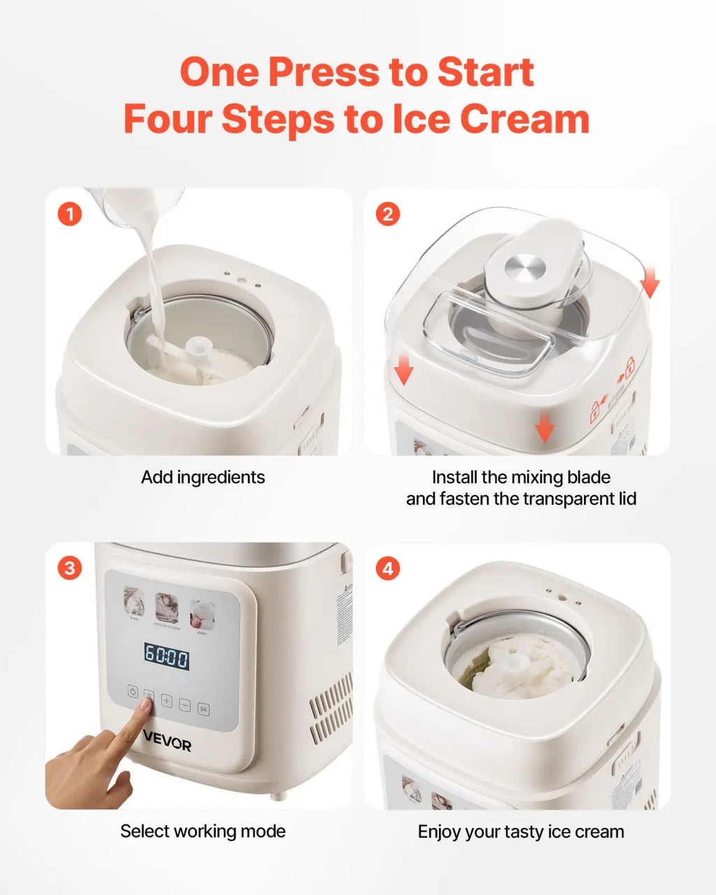White vevor ice cream maker with compressor 1 quart capacity digital control panel and transparent lid in white