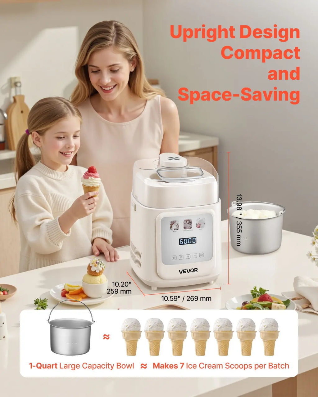 White vevor upright ice cream maker with compressor digital display compact 1 quart capacity in white plastic
