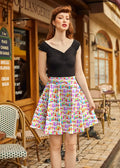 A vibrant cotton a-line skater skirt with a colorful ice cream popsicle pattern on a white background