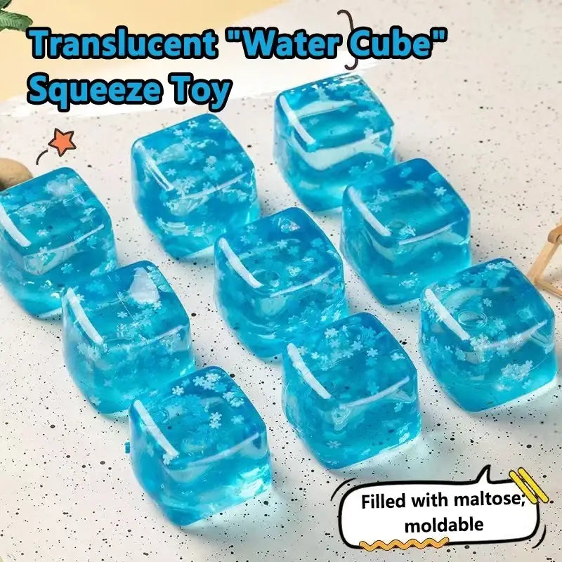 Blue translucent cube-shaped ice cubes slow rising squishy sensory fidget toy filled with maltose