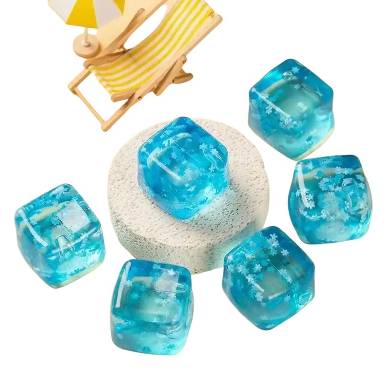 Transparent blue resin ice cubes with white floral patterns slow rising squishy sensory fidget toy ice cubes
