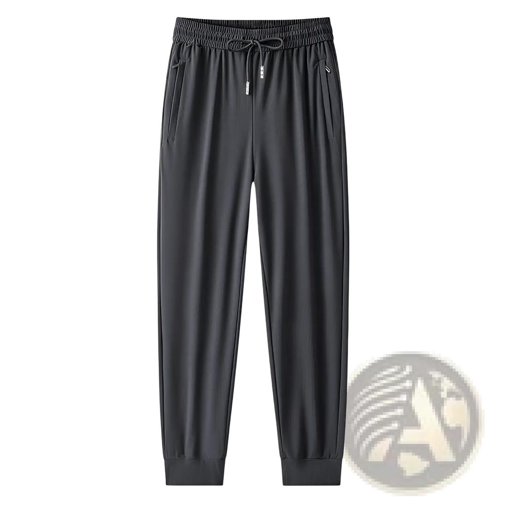 Dark gray ice silk antibacterial casual sweatpants with elastic waistband drawstring side pockets and tapered legs