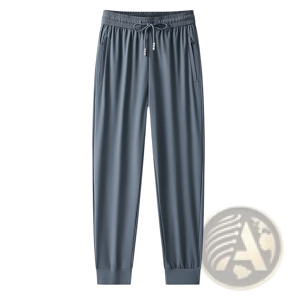 Gray ice silk antibacterial casual sweatpants with elastic waistband, drawstring, tapered legs, and side pockets
