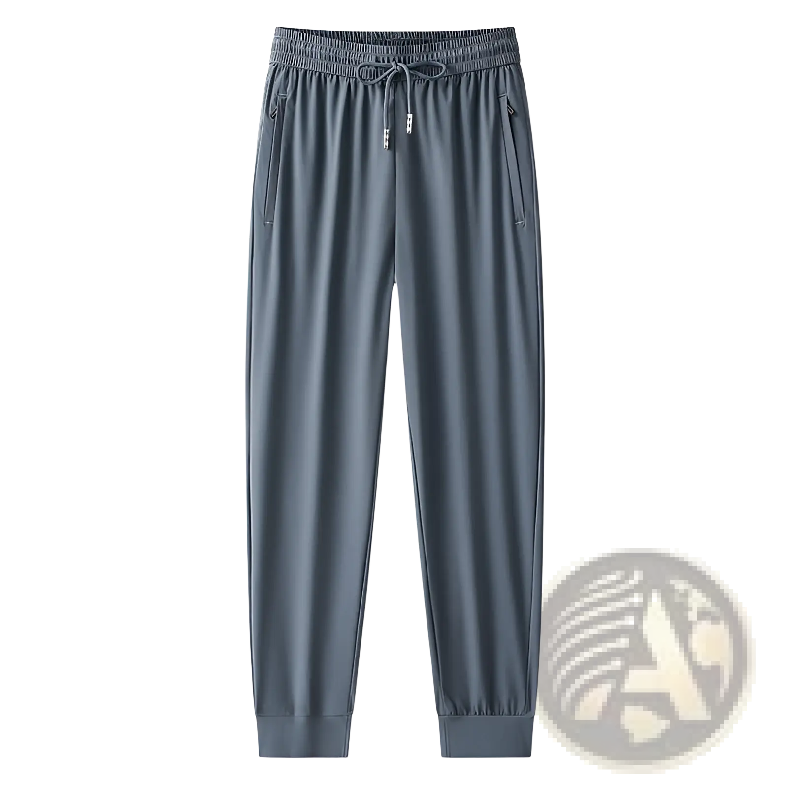 Gray ice silk antibacterial casual sweatpants with elastic waistband, drawstring, tapered legs, and side pockets