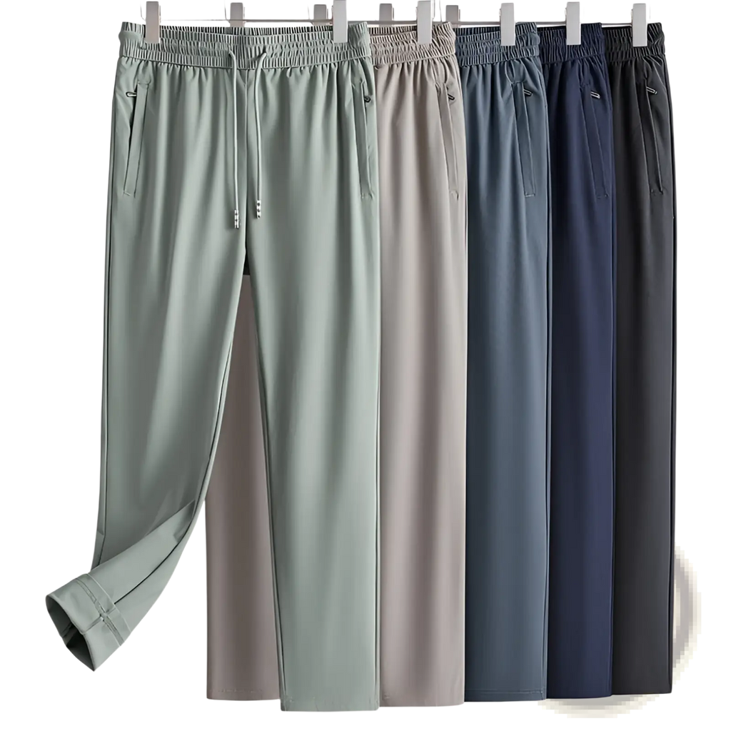 A set of ice silk antibacterial casual sweatpants in light green beige navy blue and dark gray with elastic waist and side pockets