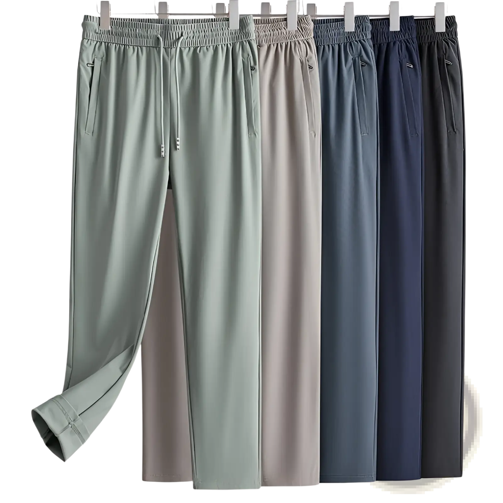A set of ice silk antibacterial casual sweatpants in light green beige navy blue and dark gray with elastic waist and side pockets