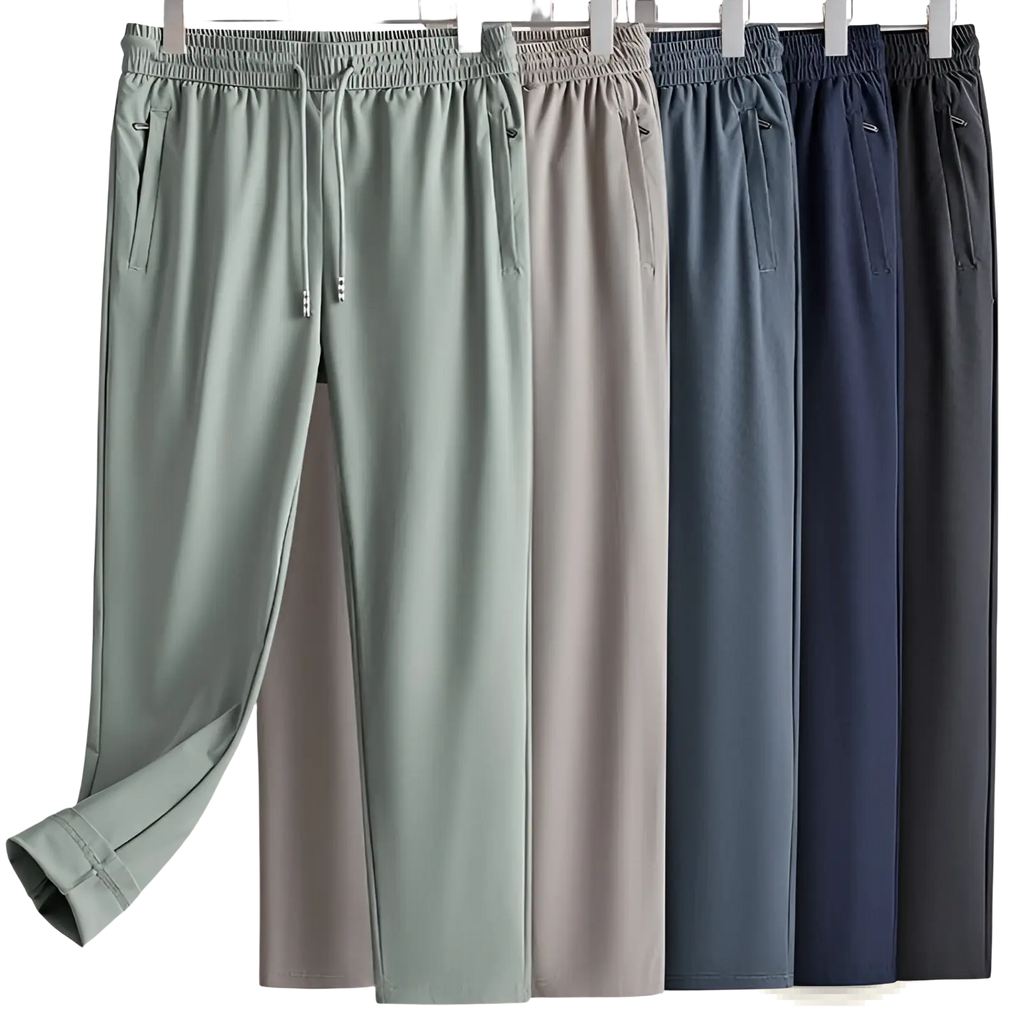 A set of slim-fit ice silk antibacterial casual sweatpants in light sage green beige navy blue and dark gray with elastic waistbands