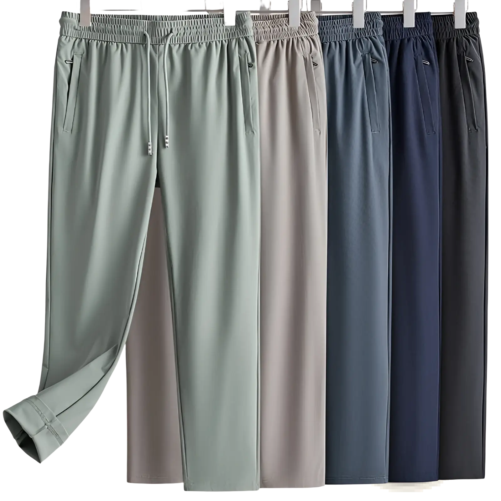 A set of slim-fit ice silk antibacterial casual sweatpants in light sage green beige navy blue and dark gray with elastic waistbands
