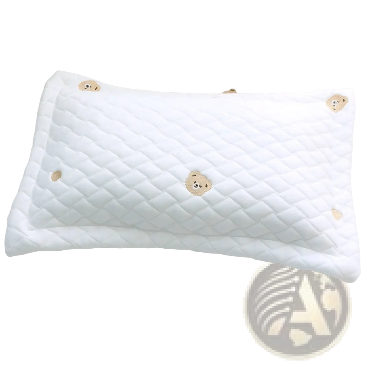 White quilted ice silk baby cooling pillow with embroidered beige bear faces for newborns