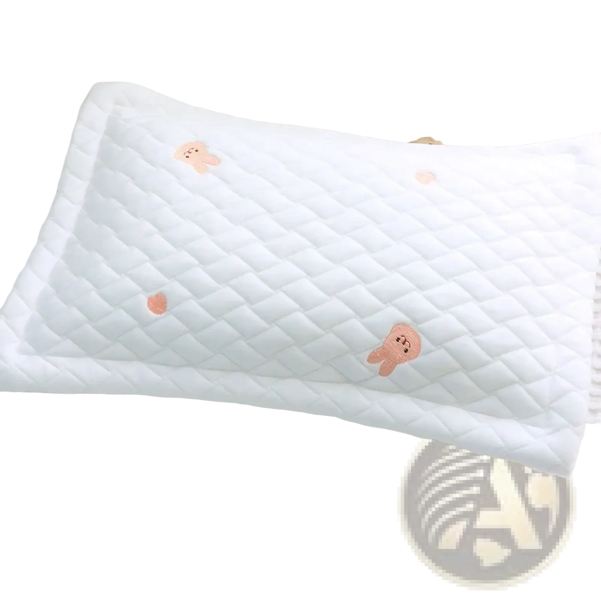 White quilted ice silk baby cooling pillow with pink embroidered cartoon characters for newborns