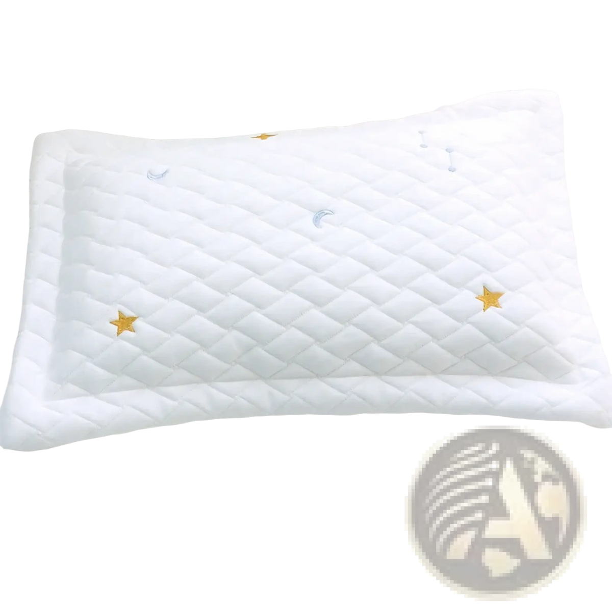 White quilted ice silk baby cooling pillow with embroidered gold and silver stars for newborns