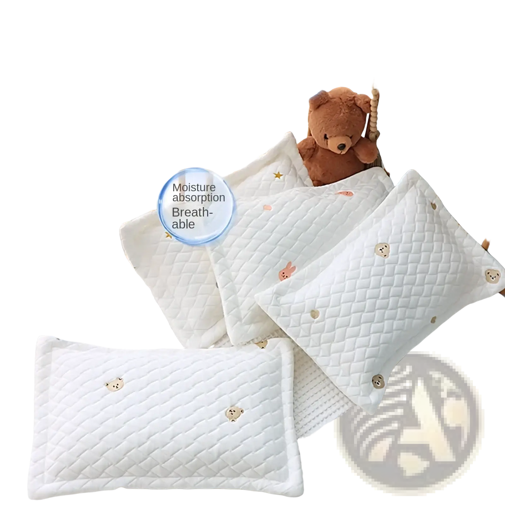 White quilted ice silk baby cooling pillow with embroidered bear faces and gold-tone button accents for newborns