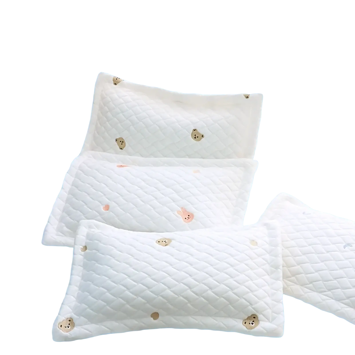 White quilted ice silk baby cooling pillow with soft polymer fabric and small embroidered bear faces for newborns