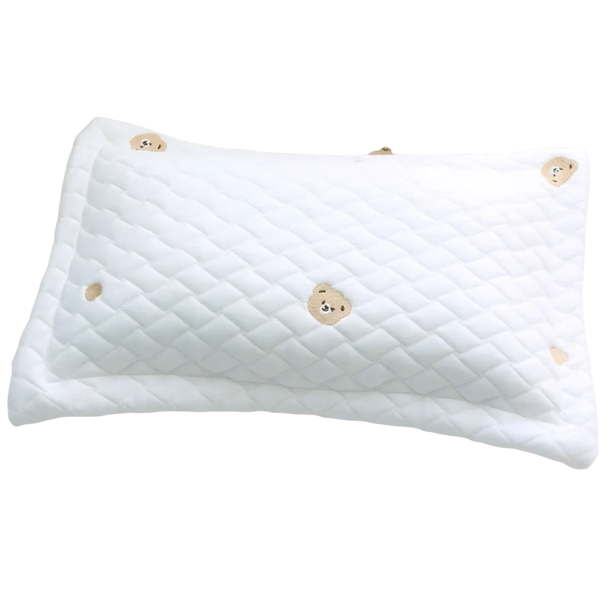 White quilted ice silk baby cooling pillow with embroidered beige bear faces for newborns