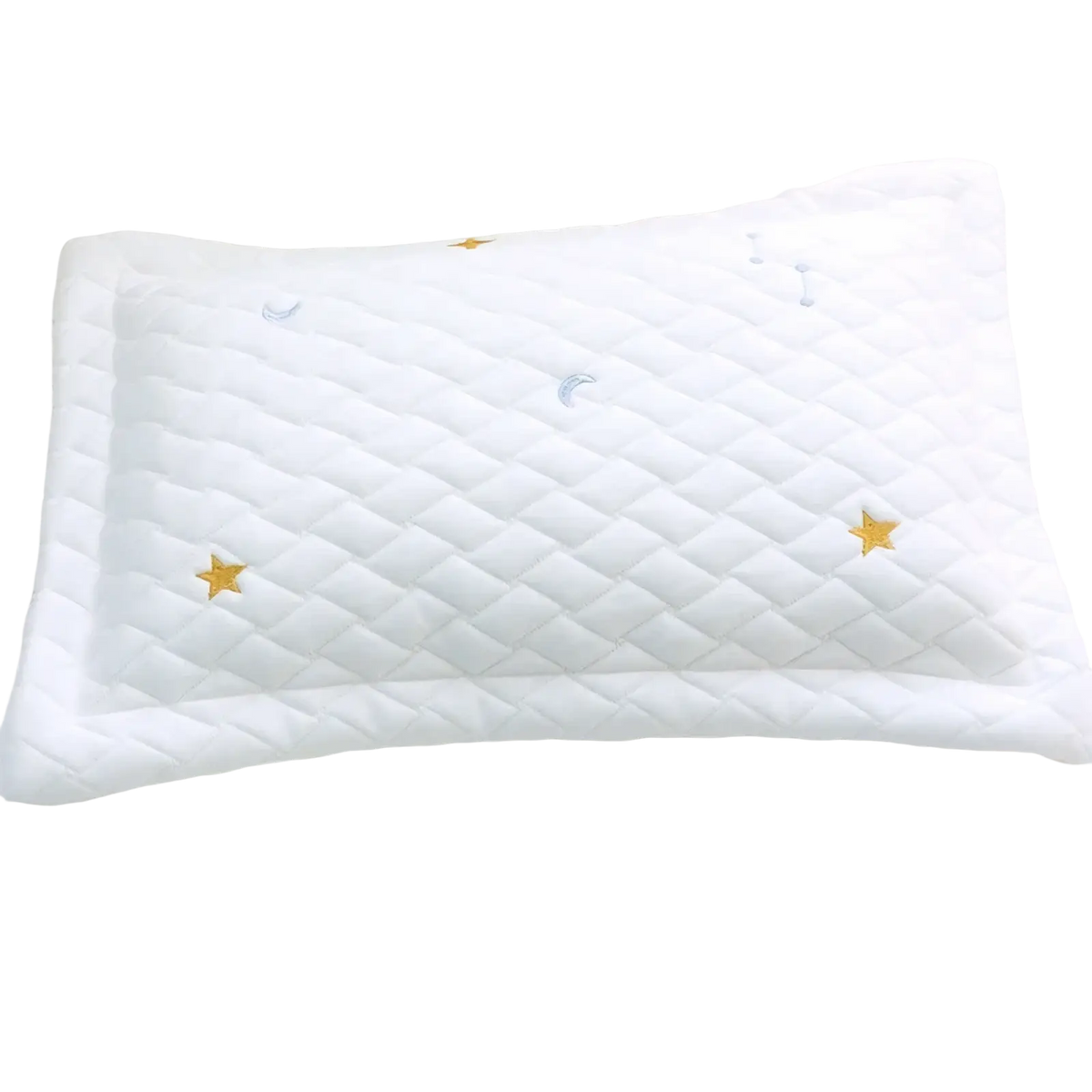White quilted ice silk baby cooling pillow with embroidered gold and silver stars for newborns