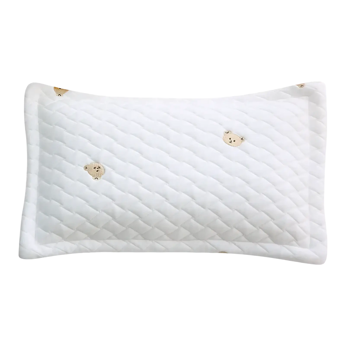 White quilted ice silk baby cooling pillowcase featuring embroidered soft beige teddy bear faces for newborns