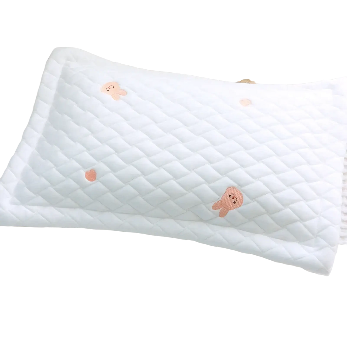 White quilted ice silk baby cooling pillow with pink embroidered cartoon characters for newborns
