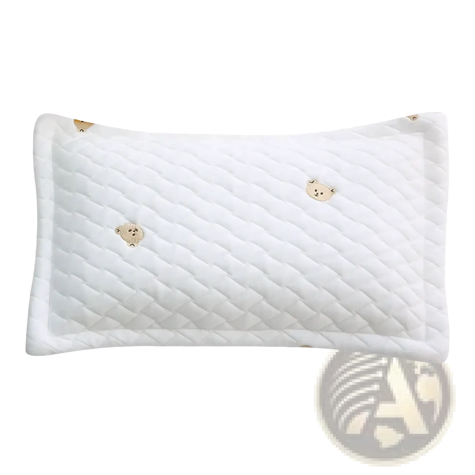 White quilted ice silk baby cooling pillowcase with embroidered beige teddy bear faces for newborns