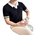 Black ice silk knitted polo shirt with white collar and sleeve trim suitable for summer wear