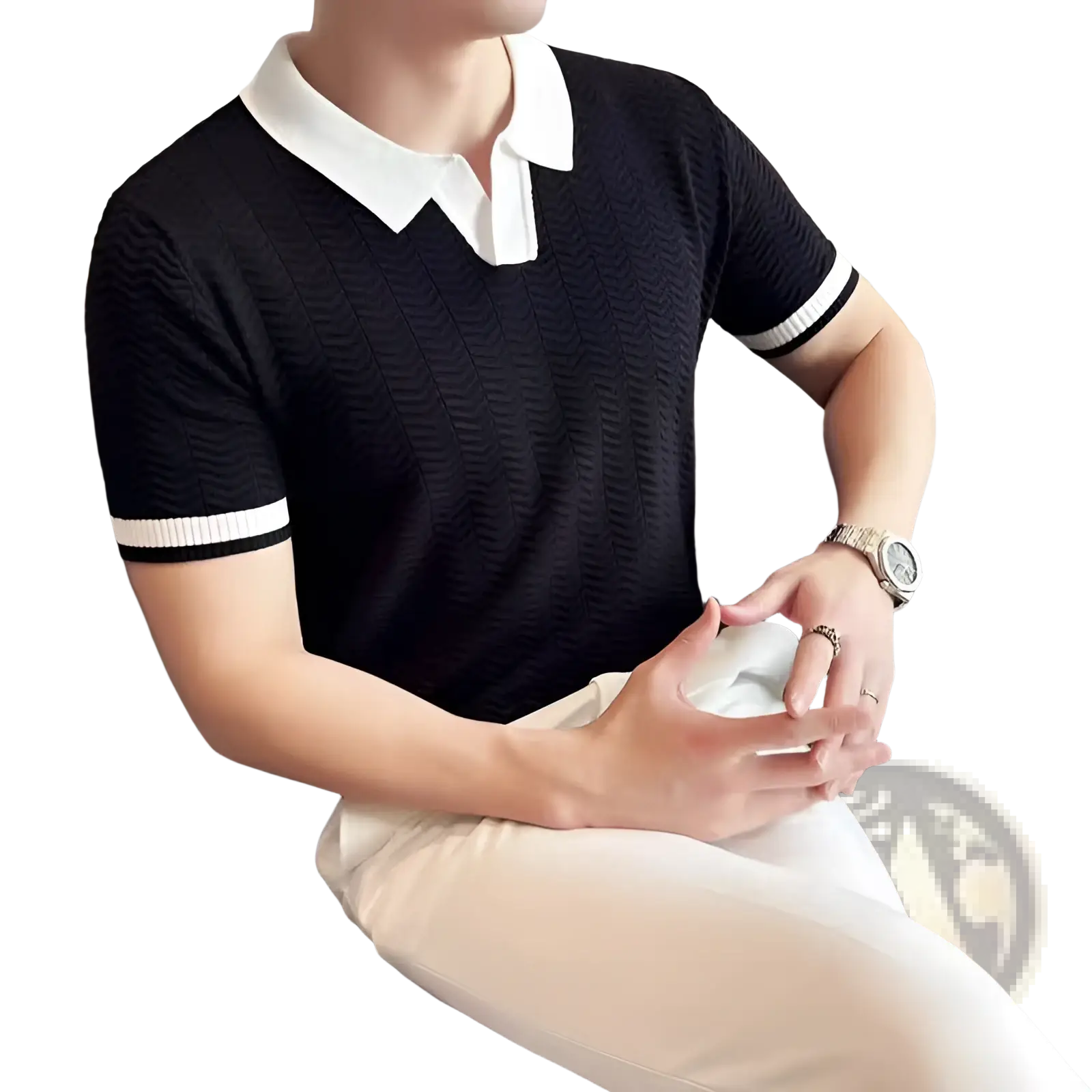 Black ice silk knitted polo shirt with white collar and sleeve trim suitable for summer wear
