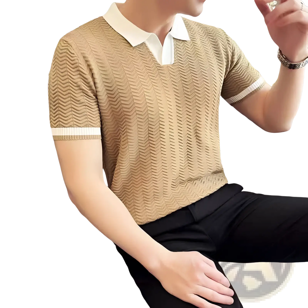 A beige ice silk knitted polo shirt with white collar and sleeve trim featuring a textured herringbone pattern