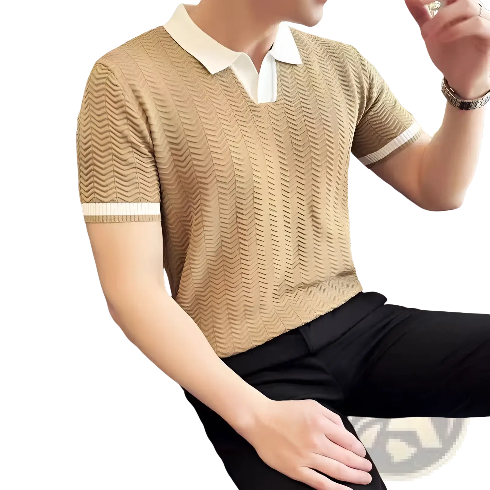 A beige ice silk knitted polo shirt with white collar and sleeve trim featuring a textured herringbone pattern