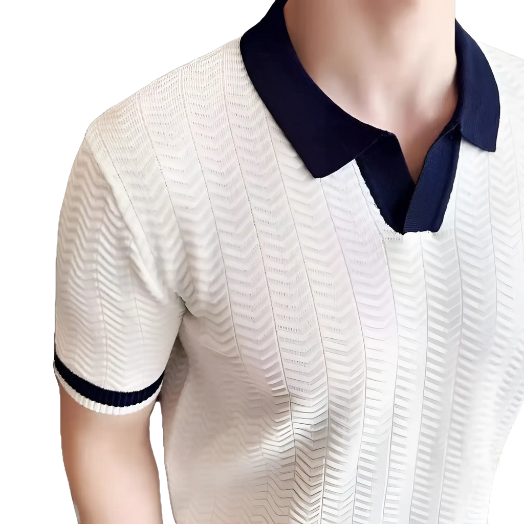 A cream-colored ice silk knitted polo shirt with navy blue collar and cuffs featuring a textured herringbone pattern
