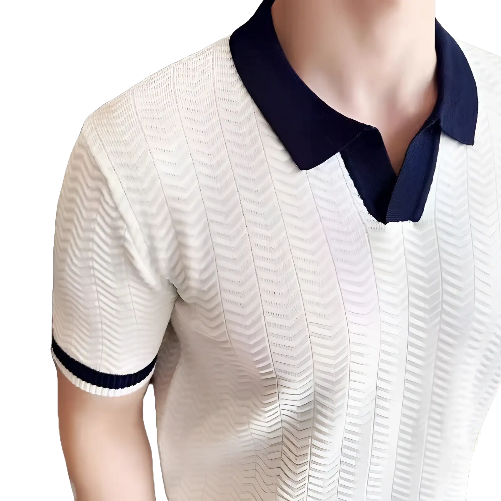 A cream-colored ice silk knitted polo shirt with navy blue collar and cuffs featuring a textured herringbone pattern