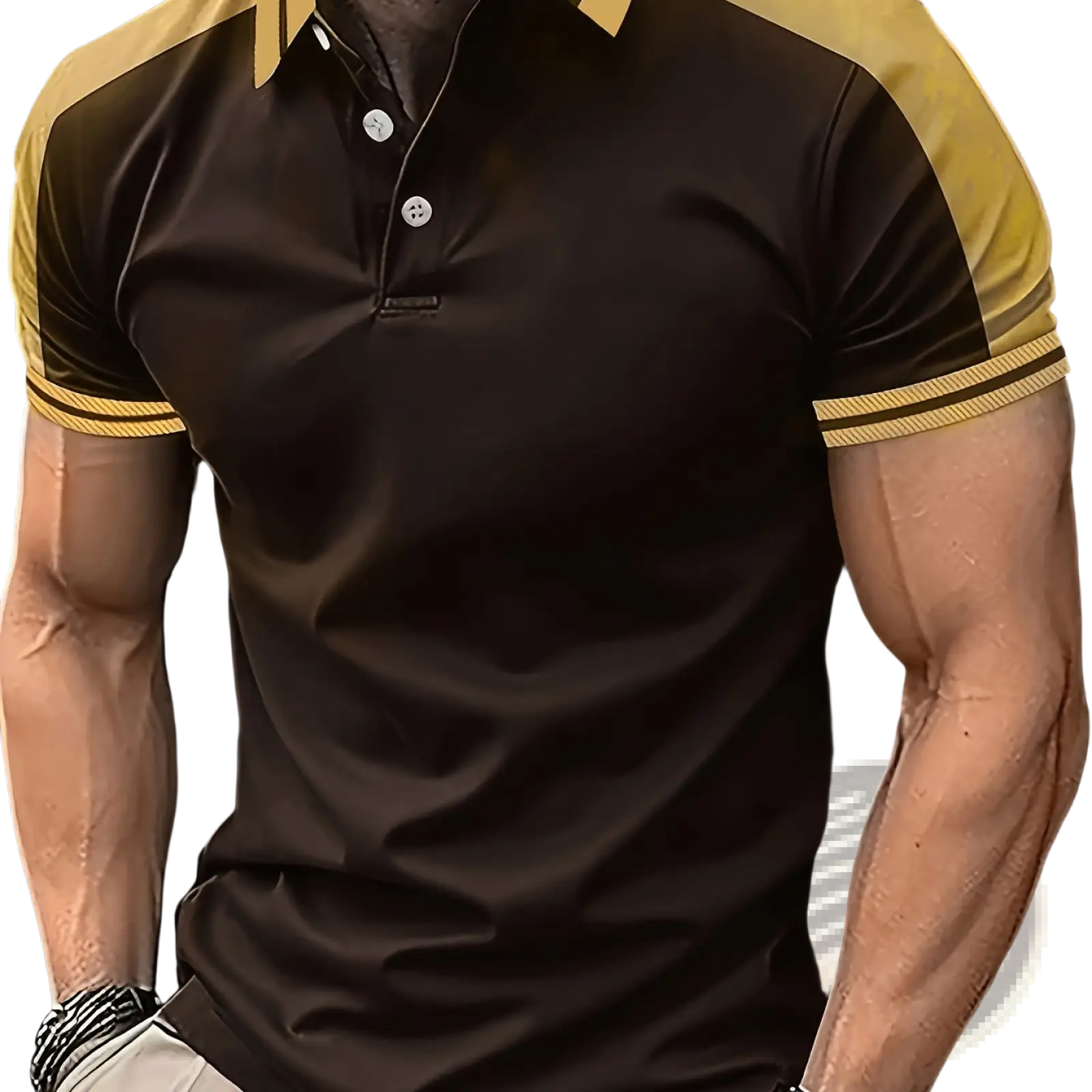 Black and gold contrast ice silk mens polo shirt with ink wash print and ribbed trim on sleeves