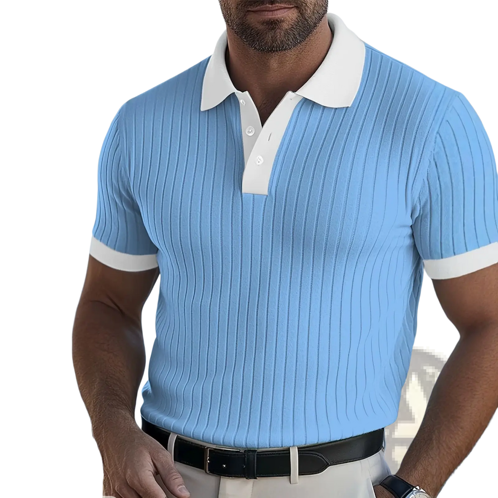 Light blue ribbed knit ice silk mens polo shirt with white collar and sleeve cuffs featuring ink wash print
