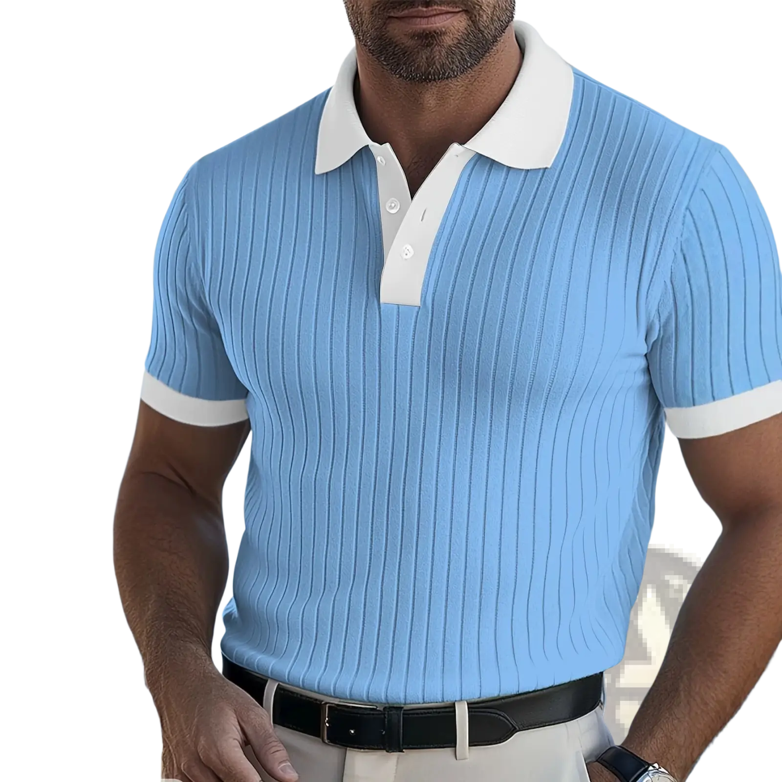 Light blue ribbed knit ice silk mens polo shirt with white collar and sleeve cuffs featuring ink wash print
