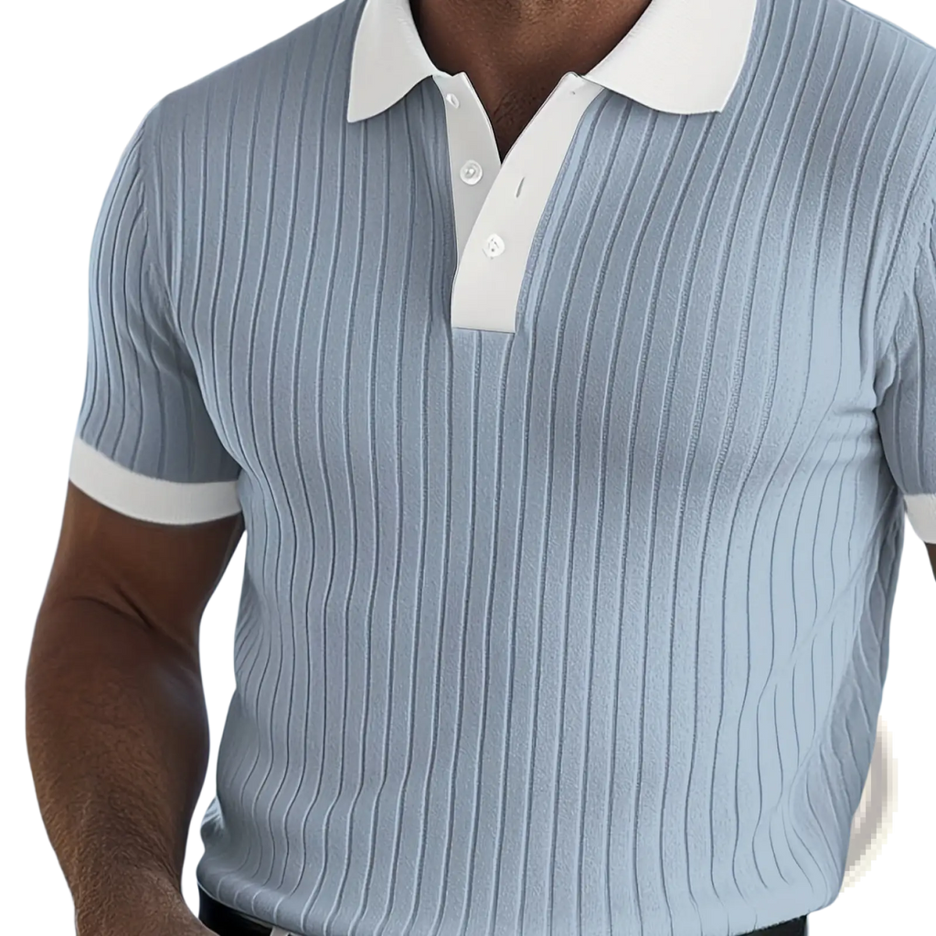 Light blue ribbed knit ice silk mens polo shirt with white collar and sleeve cuffs featuring ink wash print design