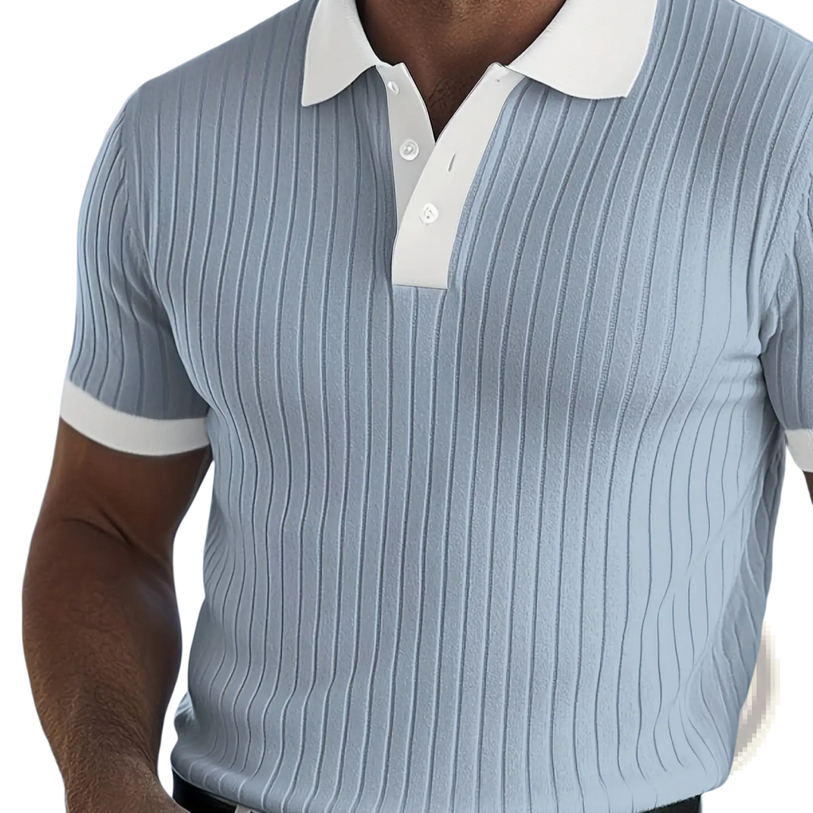 Light blue ribbed knit ice silk mens polo shirt with white collar and sleeve cuffs featuring ink wash print design