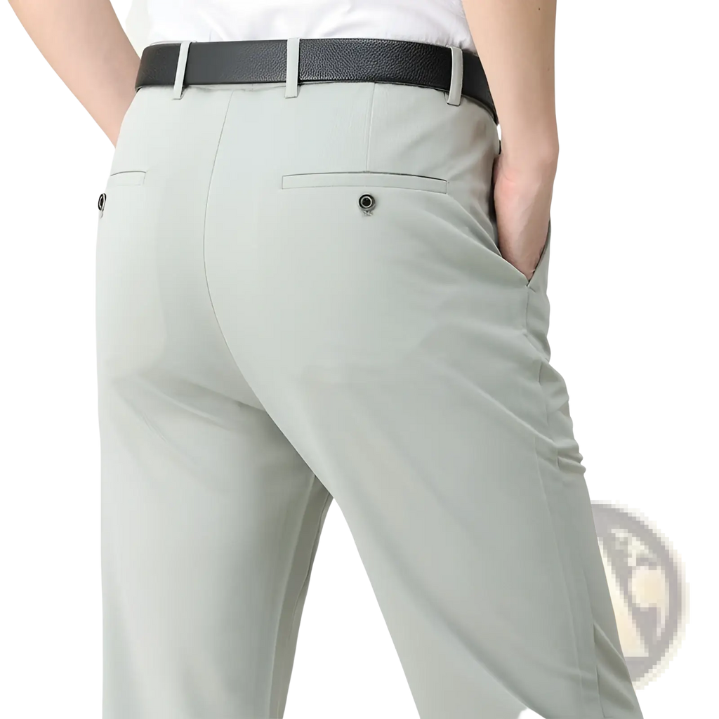 Light gray ice silk men slim-fit thin dress pants with subtle texture paired with a black leather belt