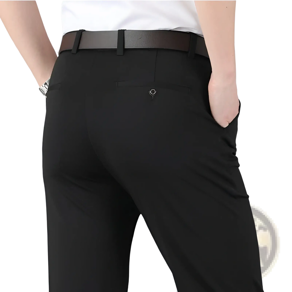Black slim-fit ice silk men’s thin dress pants with smooth tailored fabric and subtle stitching details