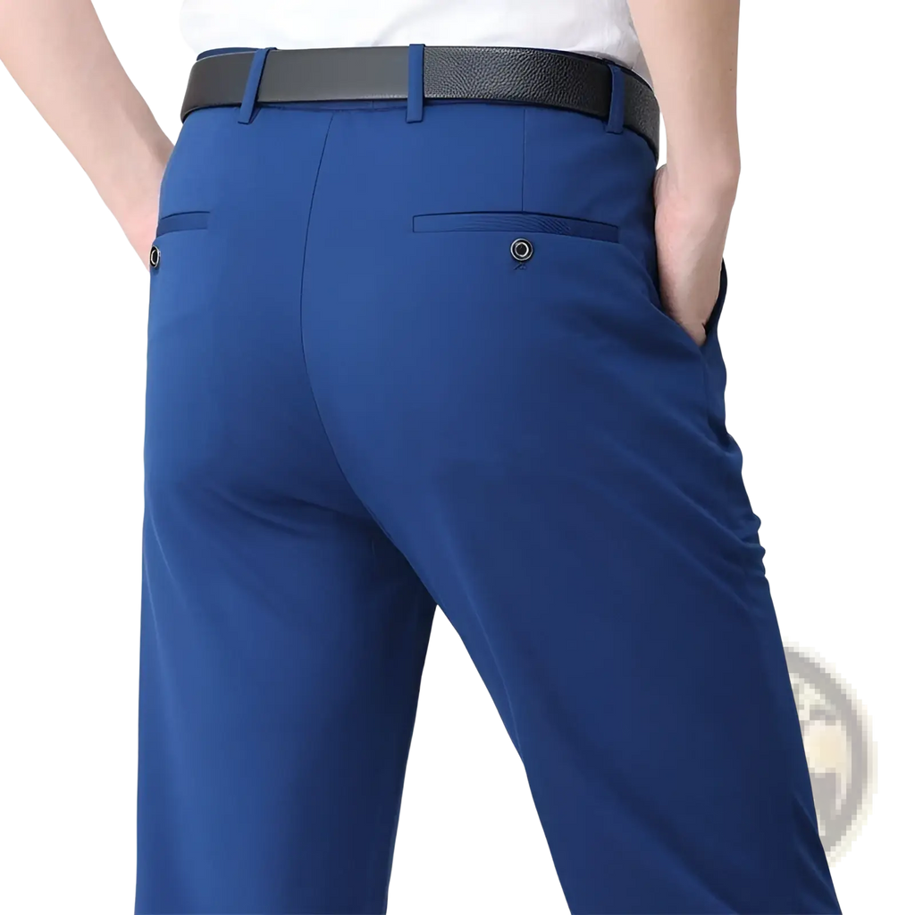 Blue ice silk men’s thin dress pants with a sleek tailored fit paired with a black leather belt