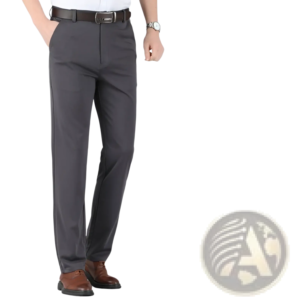 Dark gray ice silk men’s thin dress pants with sleek wrinkle-resistant fabric and clean inner seam visible