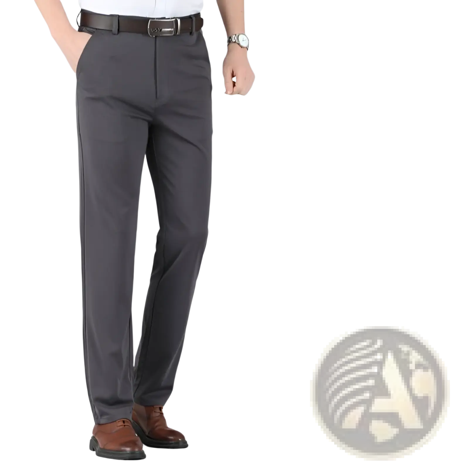 Dark gray ice silk men’s thin dress pants with sleek wrinkle-resistant fabric and clean inner seam visible