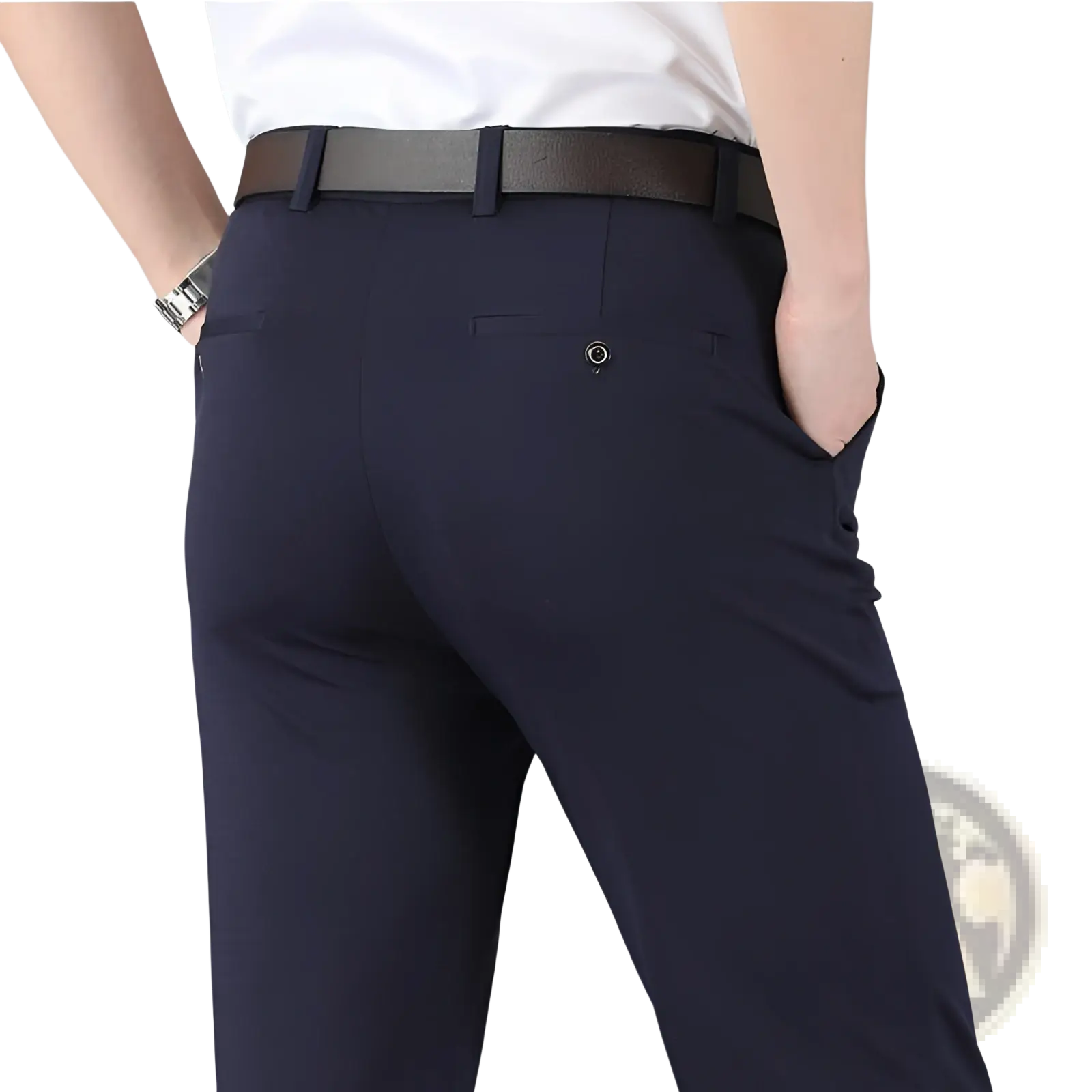 Dark navy ice silk men’s thin dress pants with a slim-fit tailored design and subtle stitching details