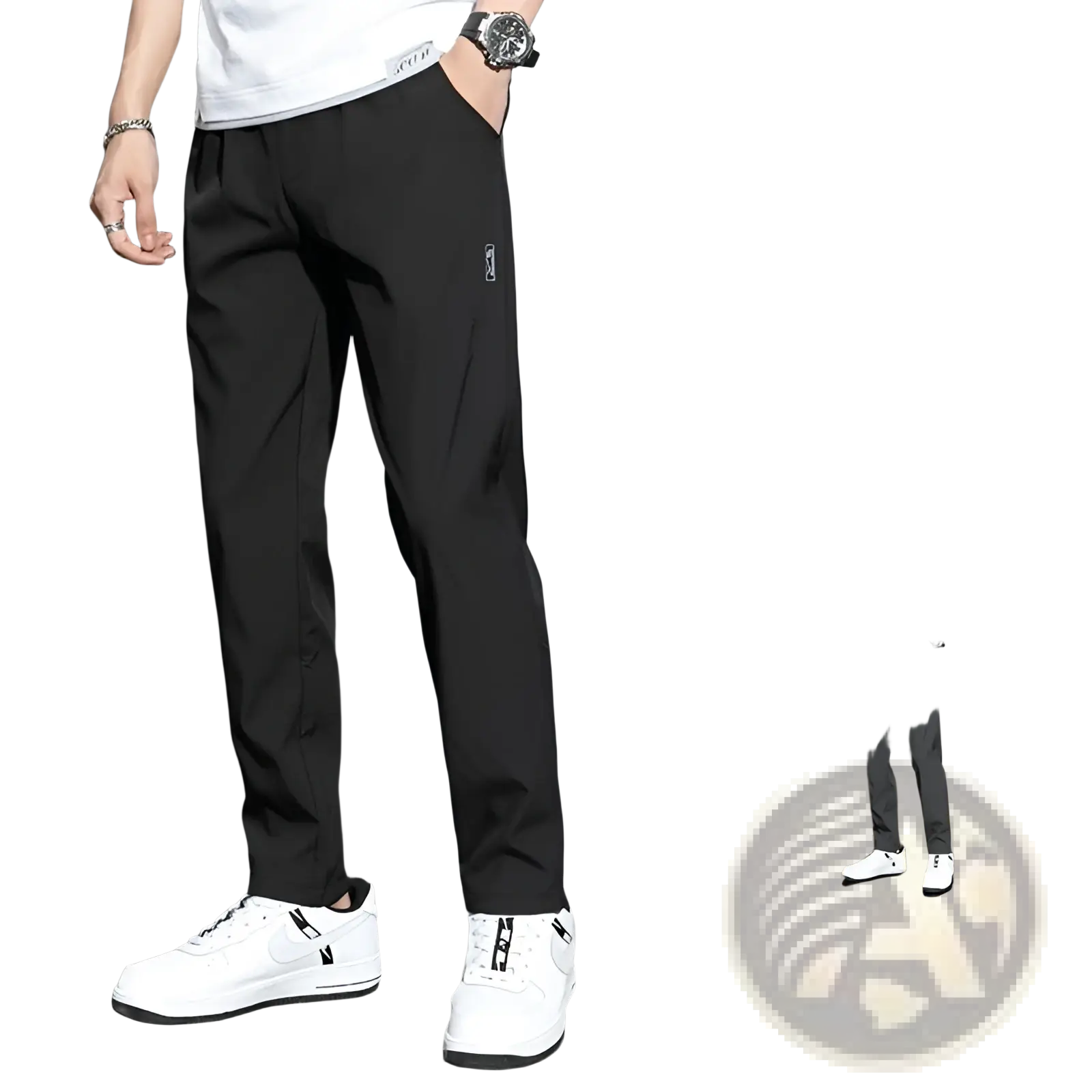 Black ice silk quick dry mens casual high-rise loose pants with anti-wrinkle and comfortable design