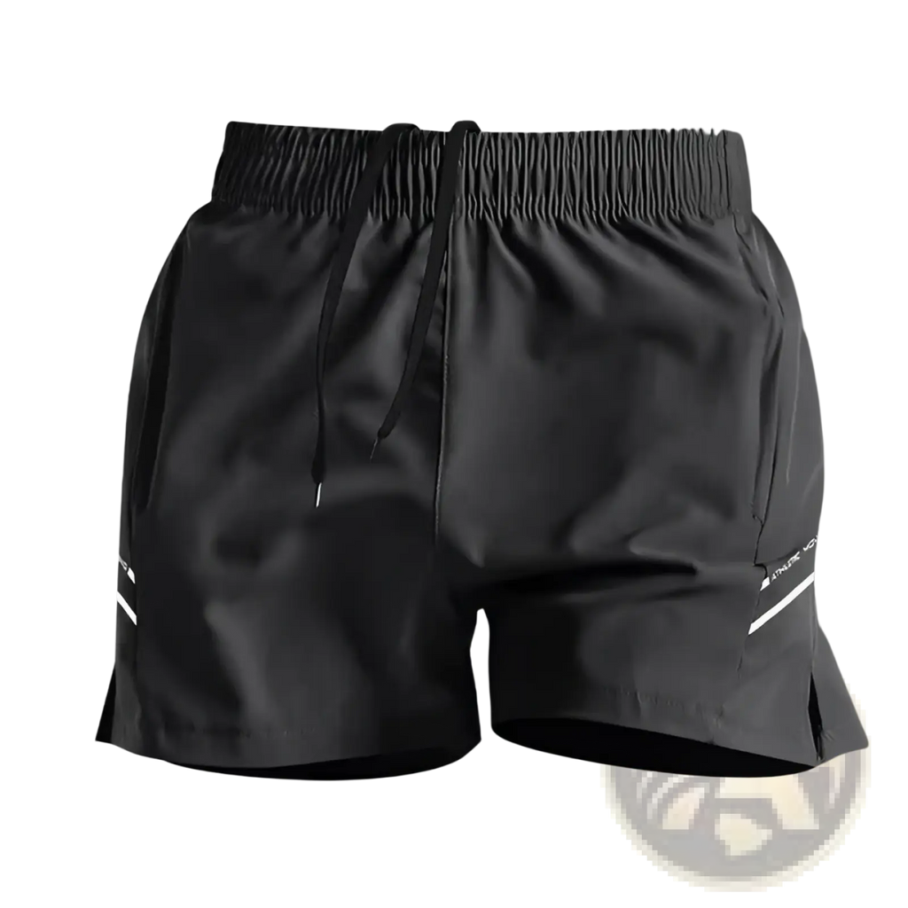 Black ice silk quick-drying straight-leg athletic shorts with reflective white stripes and drawstring waistband