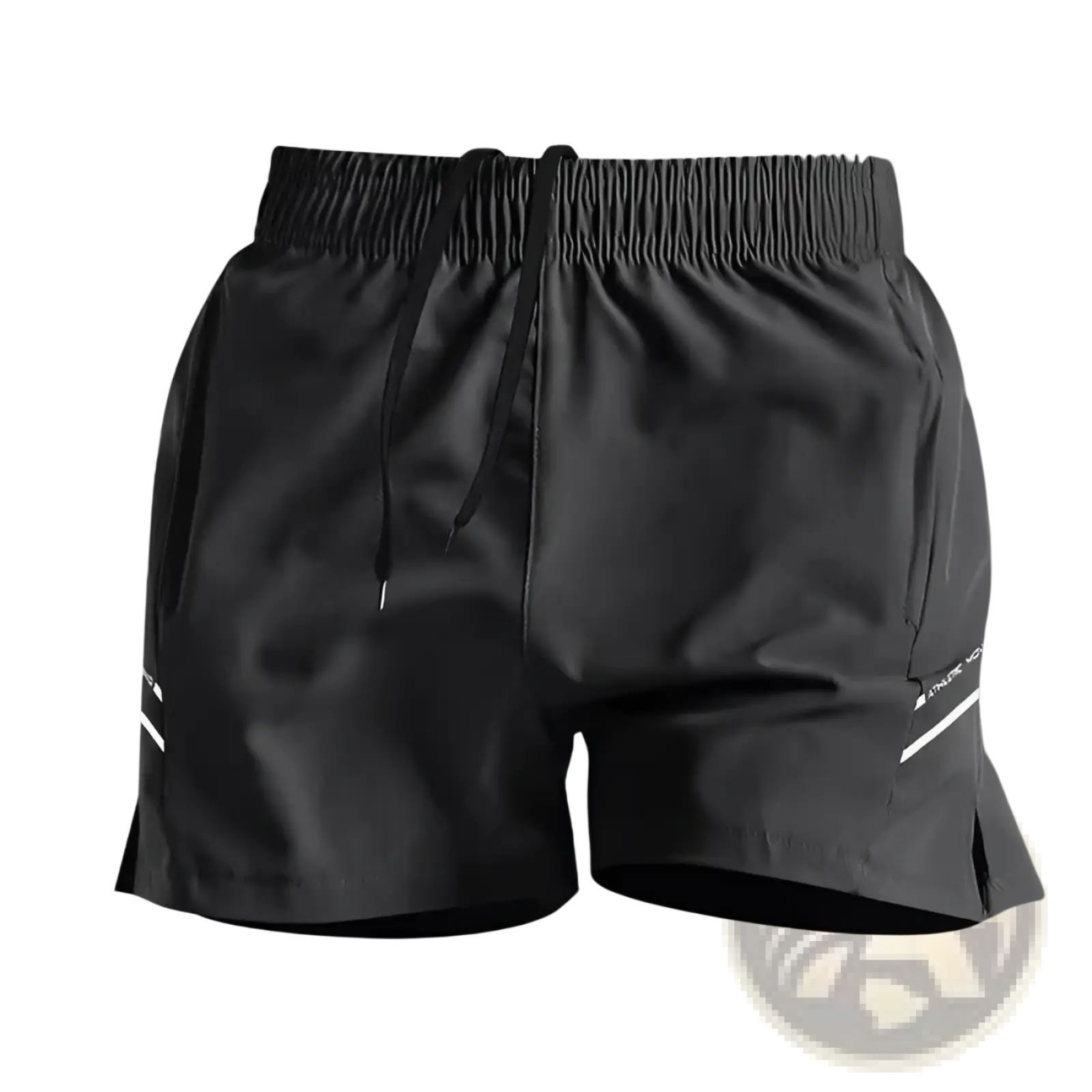 Black ice silk quick-drying straight-leg athletic shorts with reflective white stripes and drawstring waistband